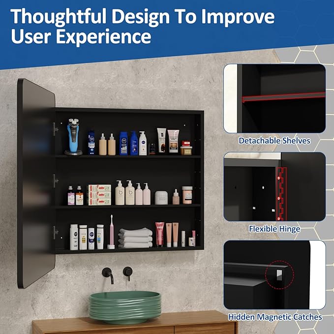 ACEMIRO 30x32 Inch Bathroom Medicine Cabinet with Mirror Black Metal Framed Mirror Cabinet Recessed or Surface Wall Mounted Medicine Cabinets for Bathroom
