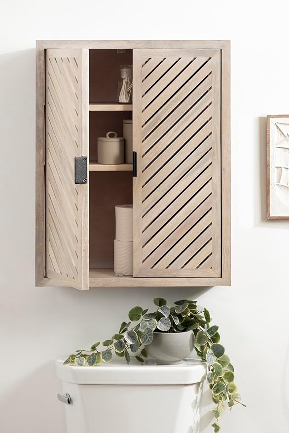 Kate and Laurel Mezzeta Decorative Coastal Two-Door Floating Bathroom Cabinet, 22 x 7 x 28, Whitewash, Decorative Over Toilet Storage Cabinet Made from Solid Mango Wood with Slatted Chevron Design