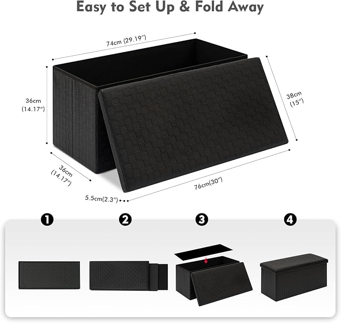 B FSOBEIIALEO Folding Storage Ottoman, Faux Leather Footrest Seat Long Bench Chest, Black 30"x15"x15"