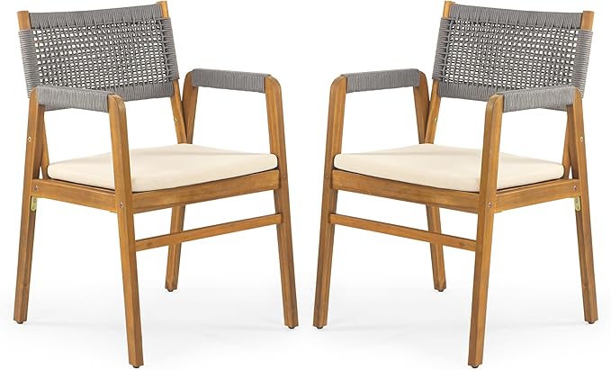 Christopher Knight Home 6-Piece Outdoor Acacia Wood Patio Dining Set, 70" Rectangular Table with 4 Rope Armchairs 1 Bench, Teak Finish Vietnamese Acacia Wood Garden Dining Furniture Set for Patio Deck