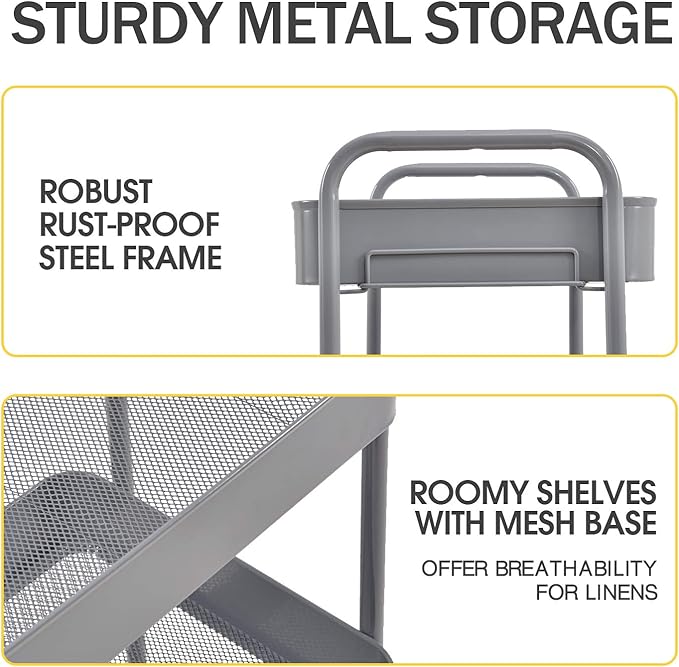 TOOLF 3-Tier Rolling Cart - Metal Utility Storage Organizer with Lockable Wheels, 33 lbs Per Shelf, Tool-Free 5-Min Assembly, for Kitchen Bathroom Office Nursery Craft Room, Grey