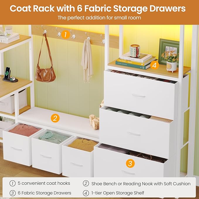 DICTAC Twin Loft Bed with 6 Storage Drawers,Coat Rack and Open Shelves Metal Twin Size Loft Bed with Desk,Charging Station and LED Light,loft beds with Large Pegboard,Stairs and Safety Guardrail,White