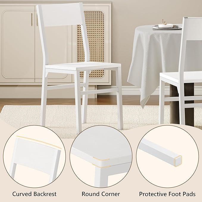 Feonase Dining Chairs and Benches Set of 4, Modern Dining Room Chairs with Ergonomic Backrest, Wood Structure & Metal Legs, for Kitchen, Dining Room, Space-Saving, Easy to Assemble & Clean, White