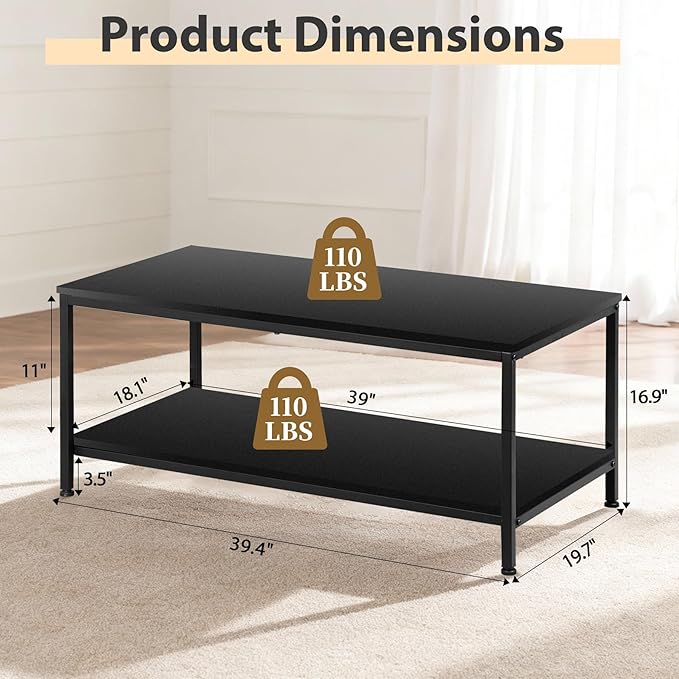 SUPER DEAL 2-Tier Coffee Table with Storage Shelf for Small Apartment Living Room, Rectangle Wood and Stable Metal TV Stand Side End Table, Black