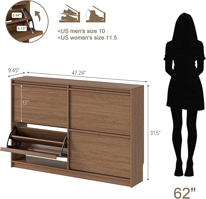 Shoe Storage Cabinet for Entryway with 4 Flip Drawers, Wooden Shoe Organizer Cabinet with Adjustable Shelf, Slim Freestanding Shoe Rack for Entryway, Hallway, Living Room, Walnut