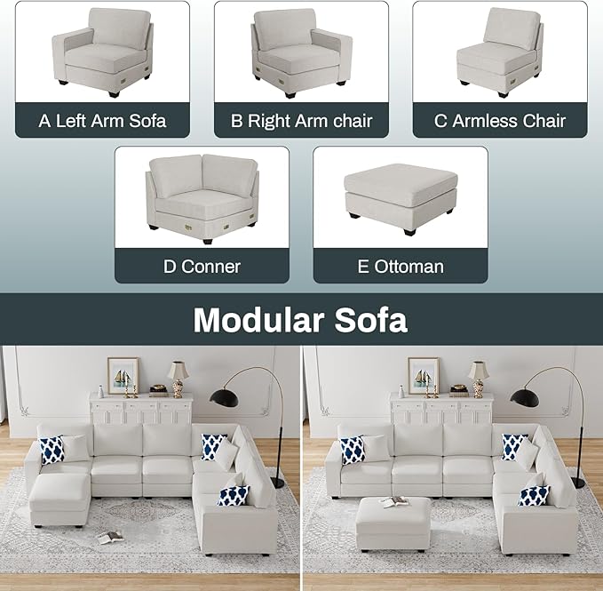 Legend Vansen Oversized Modular Sectional Sofa,U/L‑Shaped Reversible Couch with Ottoman,Deep Seat Plush Polyester Sofa for Living Room,7‑Seater,Cream