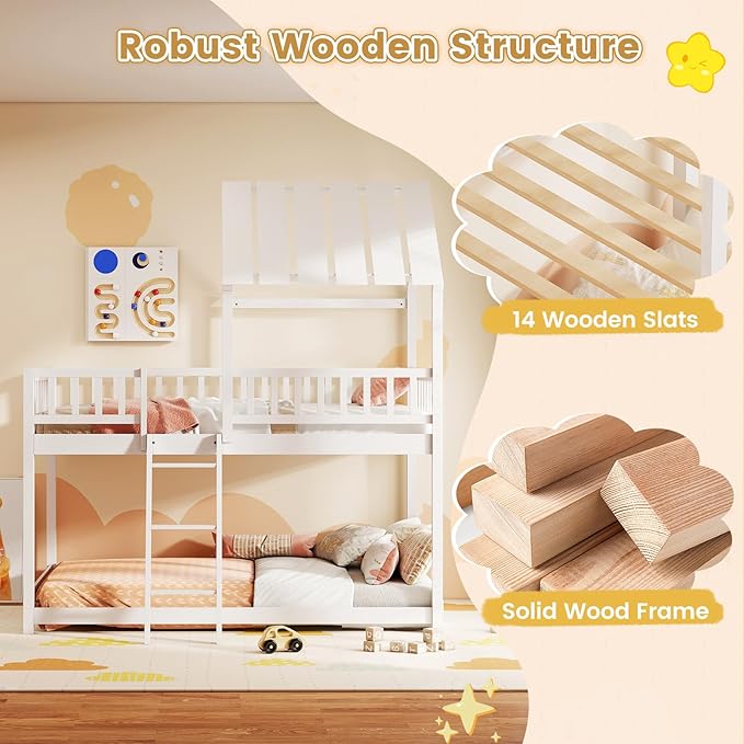 Giantex Twin Over Twin House Bunk Bed, Low Loft Bed Frame with Roof, Wood Bunk Bed with Ladder & Full-Length Guardrails, Twin Floor Bed for Kids Teens Boys Girls, No Box Spring Needed (White)