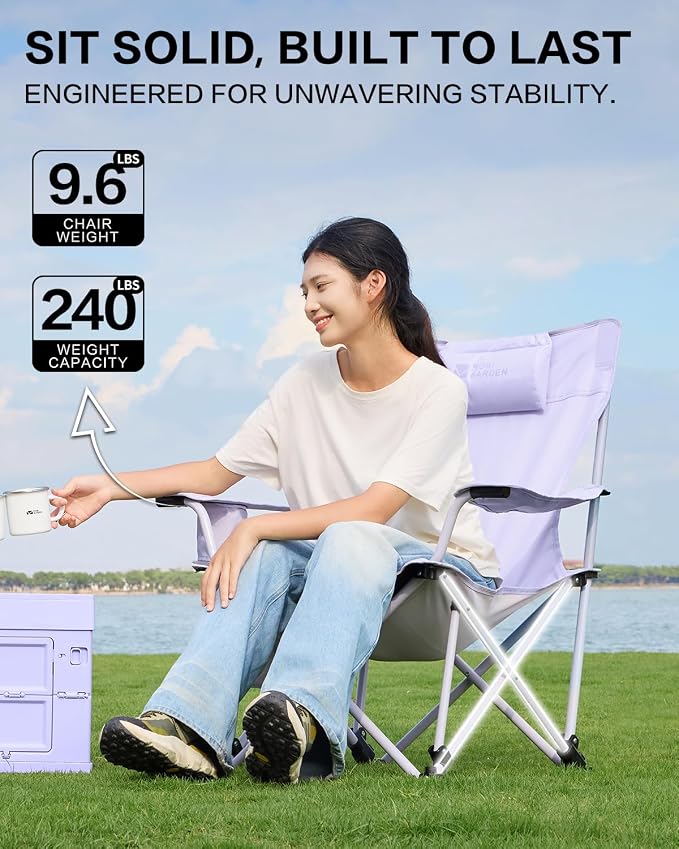 MOBI GARDEN Reclining Camping Chair with Foot Rest, 4-Position Adjustable Folding Lounge Chair for Adults, Portable & Detachable Footrest, Lavender