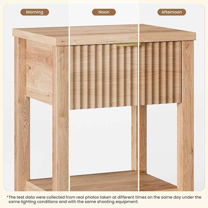 Fluted Night Stand with Golden Handle,Set of 2 Mid-Century Nightstands with Drawer, Bedside Table with Storage Shelf,Large Wood End Tables for Livingroom,Bed Side Tables for Bedroom, Natural Oak