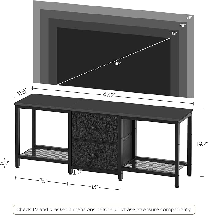 YATINEY TV Stand for TVs up to 55", Entertainment Center with 2 Fabric Drawer, Media Console with Shelves, Television Stands for Living Room, Bedroom, Black DS02BB