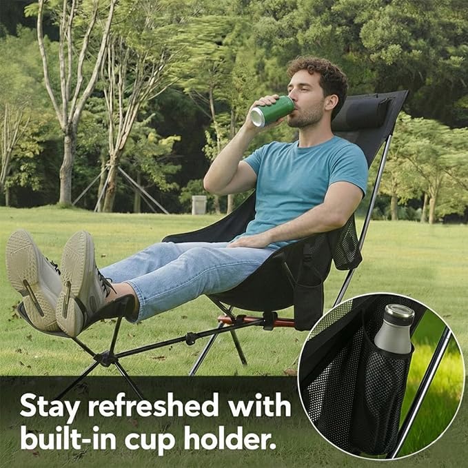 MHM Portable Camping Chair with Footrest, High Back Reclining Lightweight Folding Chair with Cup Holder, Storage Pocket & Carry Bag for Camping, Beach, Backpacking, Outdoor