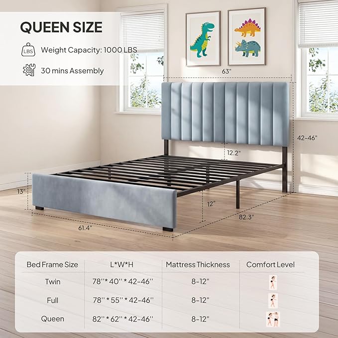 Welzona Queen Bed Frame with Headboard, Velvet Fully Upholstered Metal Platform Bed with Vertical Channel Tufted Headboard, 3-Level Height, Under-Bed Storage, Metal Support, Easy Assembly, Blue