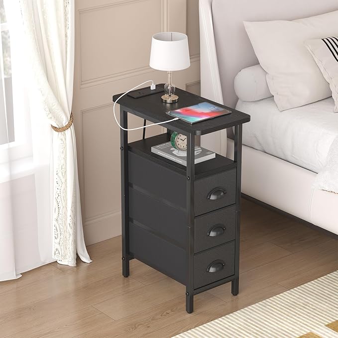 sthmec End Table with Charging Station,Narrow Side Tables with USB Ports and Outlets,Skinny Bedside Tables with 3 Drawers,Small Tables Nightstands for Small Space,Slim Sofa Table for Livingroom,Black