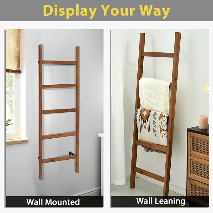 FUIN Wall Mounted 57in Wooden Blanket Ladder Living Room Decorative Farmhouse Quilt Display Holder Rustic Wood Towel Rack for Bathroom, Brown