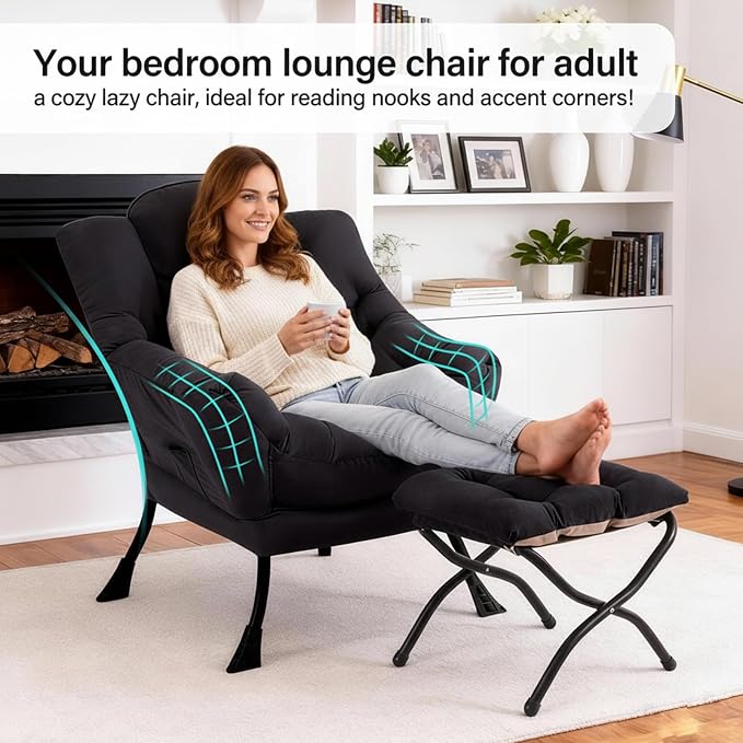 Lazy Chair with Ottoman, Modern Accent Chair with Lumbar Pillow, Black Sofa, Armchairs with Folding Footrest, Oversized Supportive Chairs for Bedroom, Reading