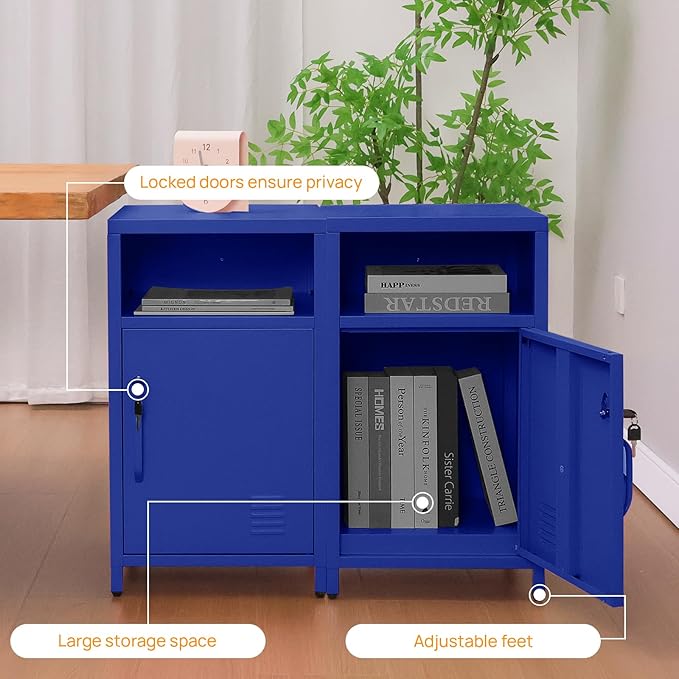 ALBAD Compact Metal Nightstand with Lockable Cabinet and Open Shelf, Modern Bedside Table, Versatile Side Table for Bedroom, Living Room, or Office (Blue, 26" H-Lockable Door)