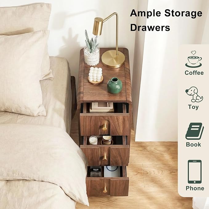 Narrow Nightstand Set of 2, Small Bedside Table with 3 Drawers, Mid Century Modern Skinny Night Stand with Storage, Wood Slim Side Table for Bedroom, Small Spaces, Living Room (Walnut-2pcs)