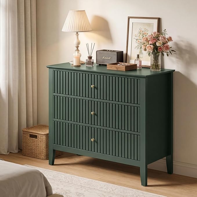 RoyalCraft 32" Large Nightstand Set of 2, Fluted Painted Bedside Table with 3 Spacious Drawers, Modern Tall End Table for Bedroom, Dark Green