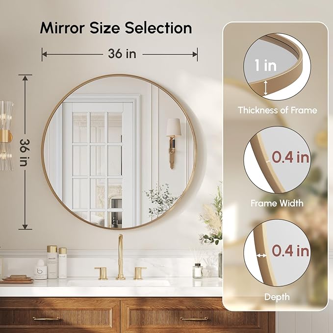 USHOWER Gold Bathroom Mirrors for Over Sink, 36 Inch Circle Mirror with Metal Frame, Wall Mirror for Vanity, Entryway, Living Room, Hallway and Bedroom Decor