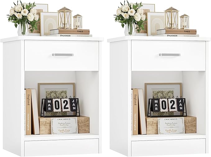 FOTOSOK Nightstand Set of 2, White Nightstand with Drawer and Storage Shelf, Bedside Table End Table, Modern Night Stand for Bedroom, Home Office,White