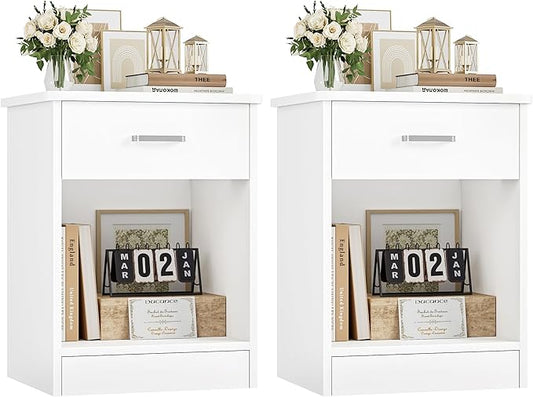 FOTOSOK Nightstand Set of 2, White Nightstand with Drawer and Storage Shelf, Bedside Table End Table, Modern Night Stand for Bedroom, Home Office,White