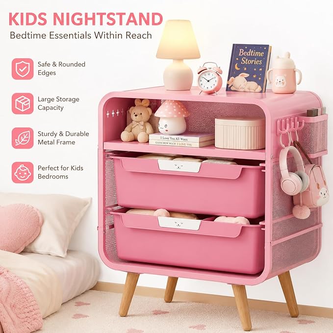 SYKIARIOL Pink Nightstand, Cute End Table with Storage Drawer, Kids Nightstand for Bedroom Furniture, Bedside Table Small Desk Coffee Table for Living Room, Dorm, Office