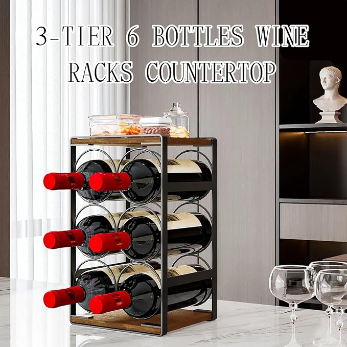 Wood Countertop Wine Rack No Need Assembly 6 Bottles Black + Rustic Brown