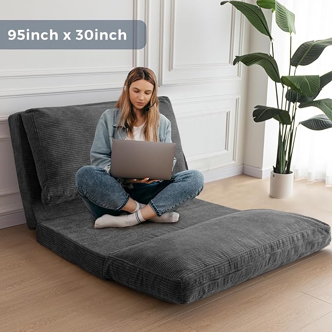 MAXYOYO Folding Sofa Bed, Extra Thick and Long Floor Sofa Convertible Sleeper Chair with Washable Cover, Floor Couch Lounge Bean Bag Bed for Living Room, Dark Grey, 30x95 Inch