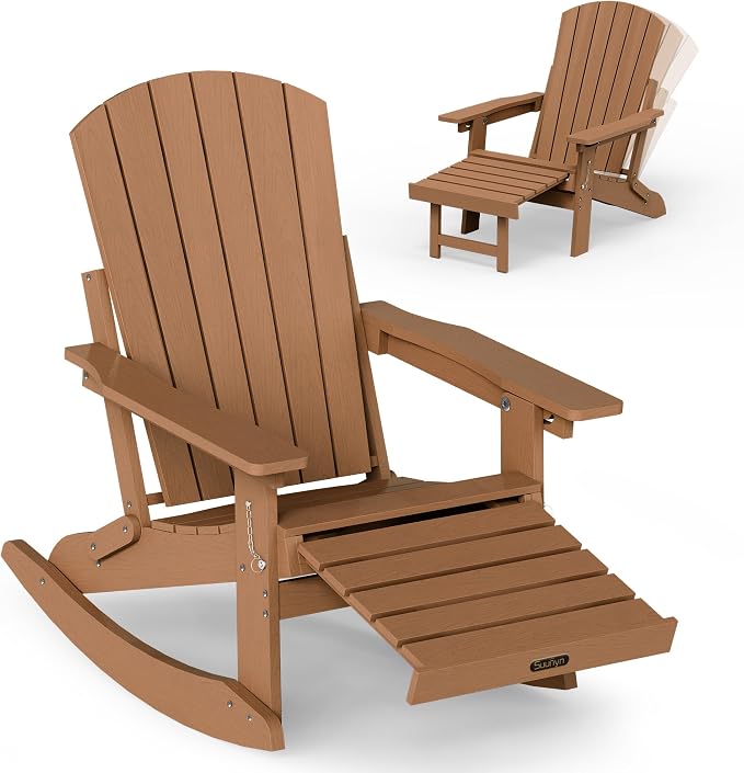 Adjustable Adirondack Rocking Chair with Retractable Ottoman Footrest, 4-in-1 Foldable HDPE Outdoor Rocker, Weather Resistant Adirondack Chair for Porch, Garden & Poolside, Teak
