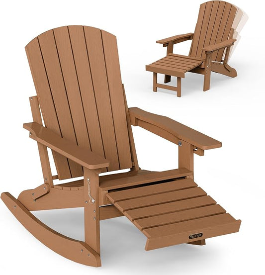 Adjustable Adirondack Rocking Chair with Retractable Ottoman Footrest, 4-in-1 Foldable HDPE Outdoor Rocker, Weather Resistant Adirondack Chair for Porch, Garden & Poolside, Teak
