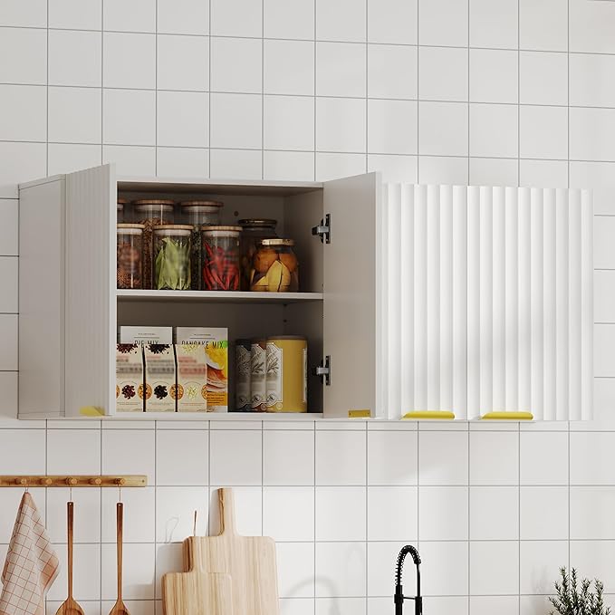 ChooChoo 4 Doors Wall Cabinet Laundry Room, Bathroom Wall Cabinet with Adjustable Shelf, Fluted Wall-Mounted Medicine Cabinet, Storage Cabinet for Kitchen, Garage, White