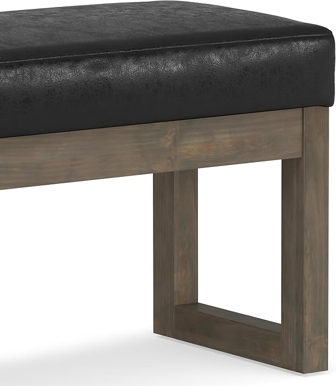 SIMPLIHOME Milltown Small Ottoman Bench - 27" Wide x 18" High Upholstered Vegan Leather Rectangle Footstool Ottoman in Distressed Black, Contemporary Bench for Bedroom with Cushioned Seat, Assembled