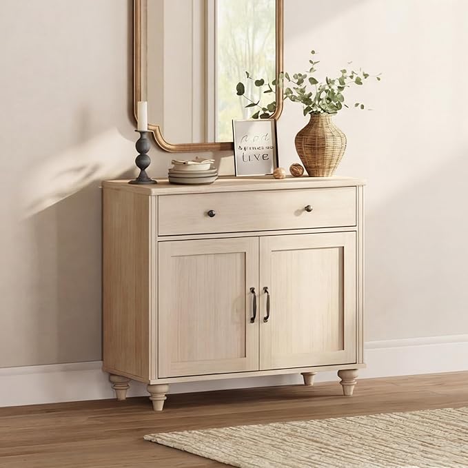 WAMPAT Buffet Cabinet with Doors & Drawer, Large Coffee Bar Table Wood Kitchen Storage Cabinets with Storage Cabinets, Modern Farmhouse Sideboard Credenza for Dining Room, Beige, 34 inch