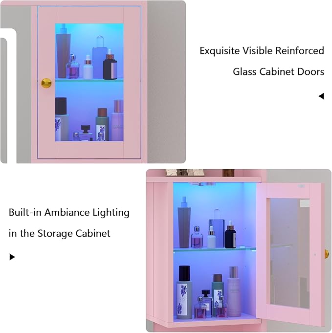 CSZZD Vanity Desk with LED Lighted Mirror, 41.3" Makeup Vanity Table with Power Outlet and 6 Drawers & Storage Shelves for Bedroom, Dressing Table with RGB Cabinets, Pink