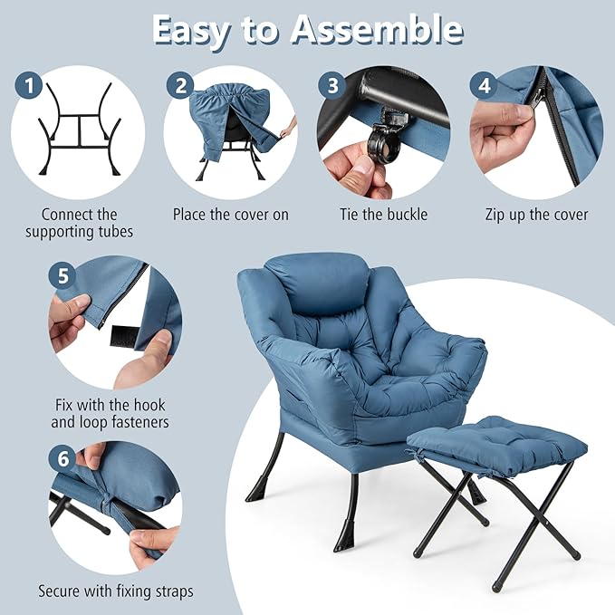 Giantex Lazy Chair with Ottoman, Accent Sofa Chair with Folding Footrest, Side Storage Pocket, Upholstered Leisure Lounge Armchair with Stool for Bedroom, Living Room, Office, Blue