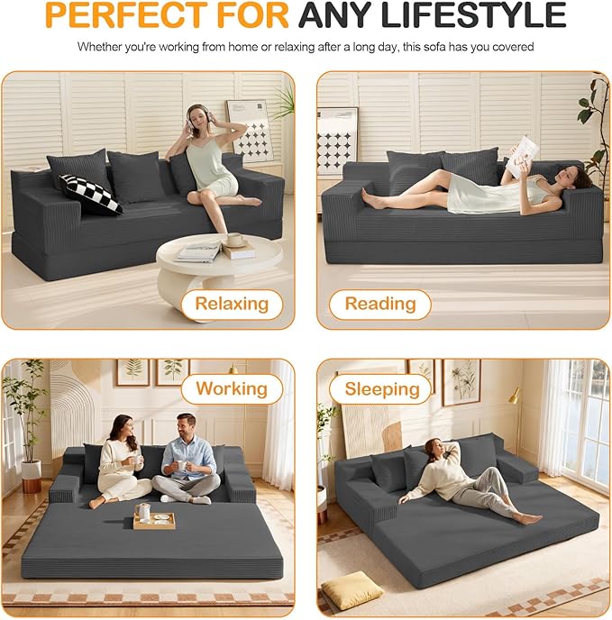 Erament 3 Seater Boneless Couch Sofa Bed, 78'' Corduroy Oversized Loveseat Folding Sofas Bed, Compression Convertible Futon Floor Couch Sofa Beds with 3 Pillows for Living Room Bedroom Apartment
