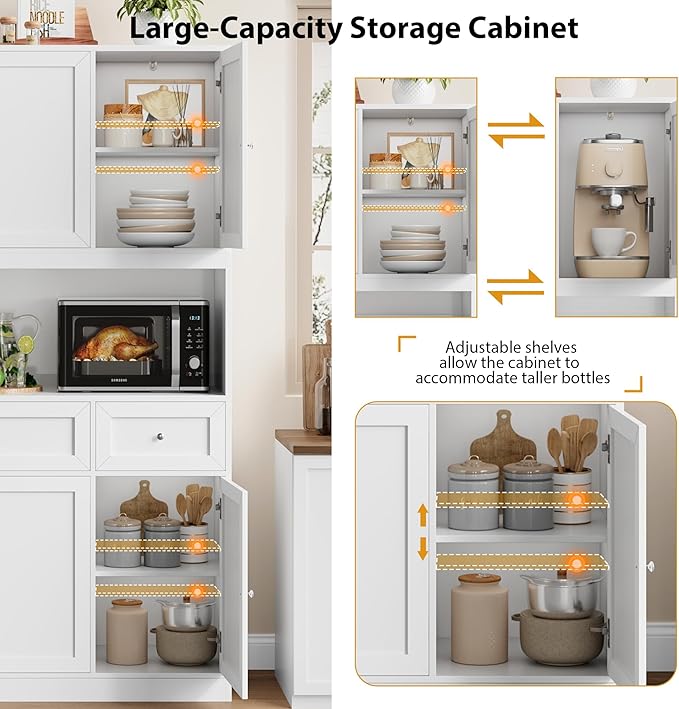 BOTLOG 72" Kitchen Pantry Cabinet, Kitchen Hutch with Microwave Stand, Buffet Cabinet with Hutch for Dining Room, White
