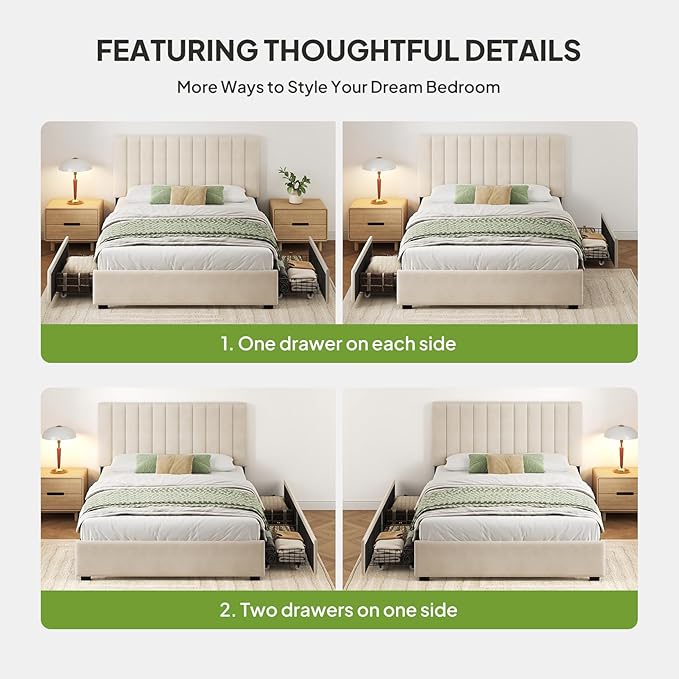 Welzona Full Bed Frame with Storage and Headboard, Velvet Upholstered Metal Platform Corner Bed Frame with Vertical Tufted Headboard, 2 Storage Drawer, 3-Height Level, Noise Free, Easy Assembly, White