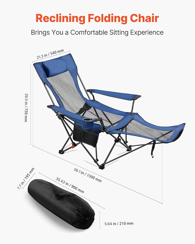 VEVOR 2-in-1 Reclining Camping Chair with Footrest for Adults, 4 Adjustable Positions, Portable Folding Lounger, Lightweight Mesh Beach Chair Supports 220lbs, Heavy Duty Camp Chairs Outdoor, Blue