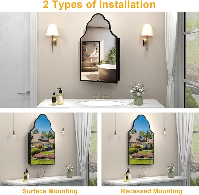 20"x32" Irregular Medicine Cabinet with Mirror, Recessed or Surface Mount Black Arched Medicine Cabinet for Bathroom, Artistic Decorative Mirror with Storage, Full Metal, Easy Installation