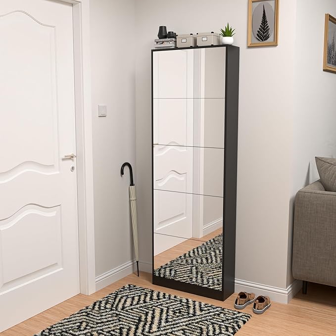 Black Shoe Cabinet with Full Length Mirror, 15-20 Pairs & 5 Flip Drawer, Freestanding Shoe Storage Organizer, Narrow Shoe Rack for Entryway