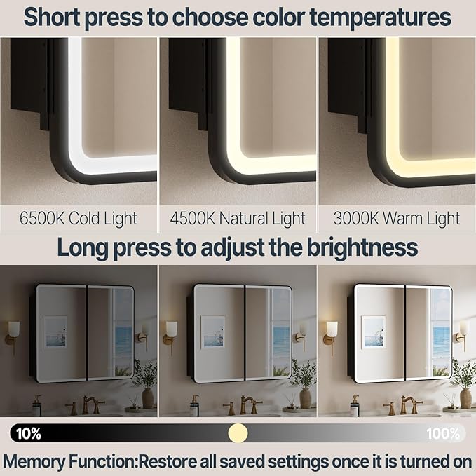 36x30 Inch Medicine Cabinet with Mirror, Recessed or Surface Mount Bathroom Medicine Cabinet with LED Lights, Anti-Fog, Memory Function, Adjustable Shelf, Dimmable Light, ETL Listed, Black