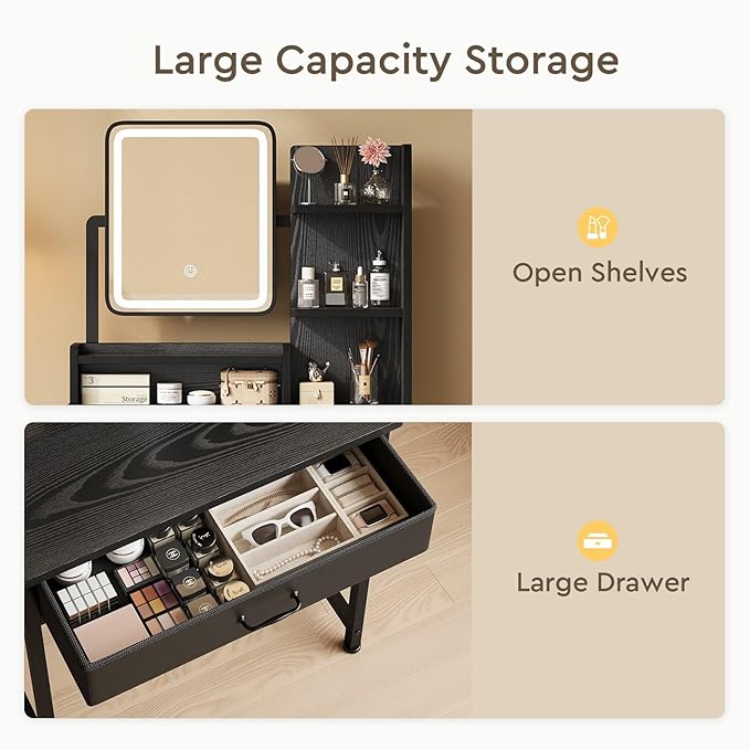 YeTom Makeup Vanity Desk with Mirror and Lights, Small Vanity with Fabric Storage Drawer & Shelves & Side Table, Black Compact Makeup Vanity for Bedroom