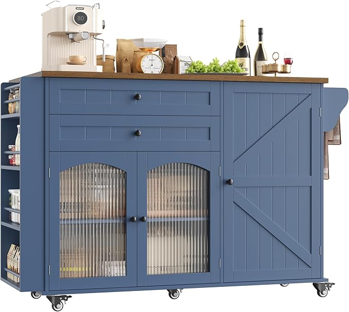 FINETONES Kitchen Island with Storage, Rolling Kitchen Island on Wheels with Wood Drop Leaf Countertop, Island Table Bar Cart with Spice Towel Rack Portable Kitchen Table Kitchen Carts on Wheels, Blue