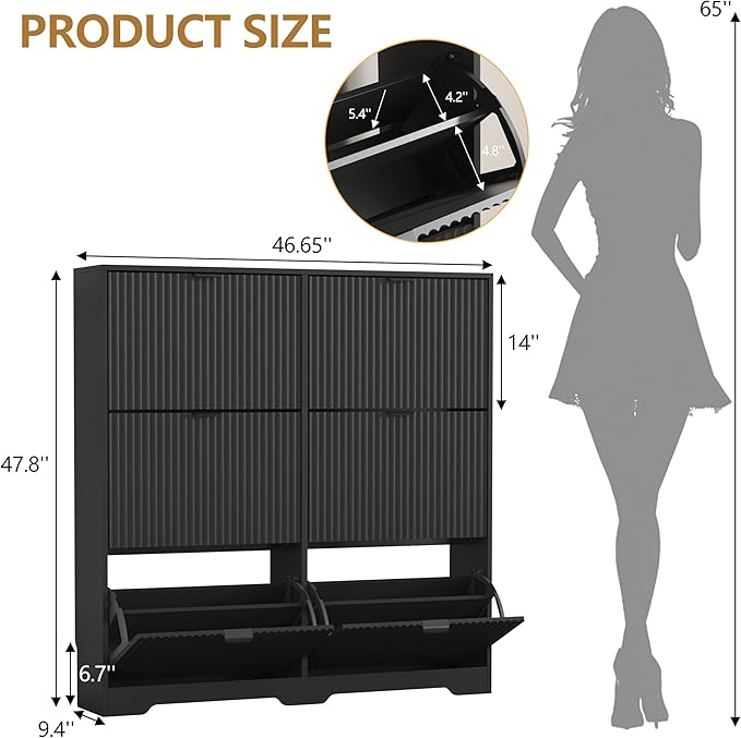 HUANLEGO Shoe Cabinet Storage for Entryway with 6 Flip Drawers, Black Fluted Shoe Cabinet with Adjustable Shelves, Wooden Hidden Shoe Rack Freestanding Narrow Slim Shoes Storage for Hallway, Entrance