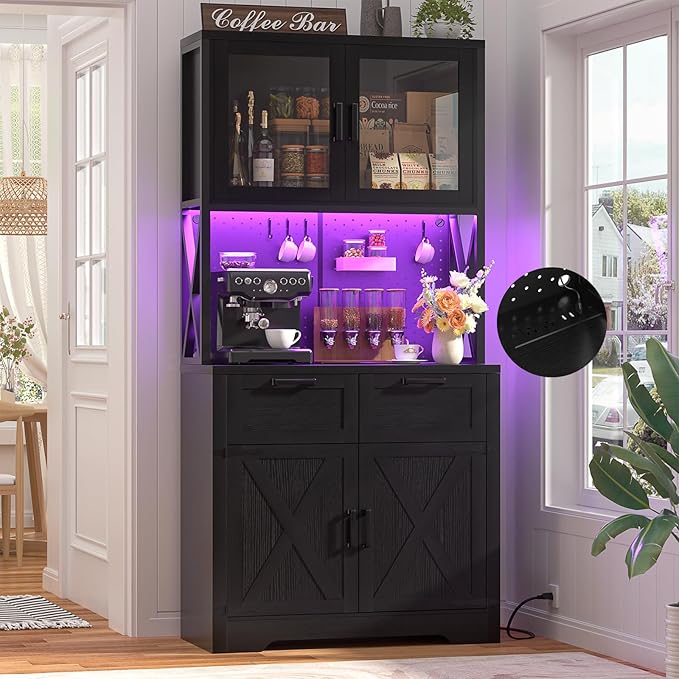 Unikito 71" Pantry Cabinet with LED Light & Outlet, Tall Kitchen Pantry Storage Cabinet with Microwave Stand, DIY Pegboard, Drawers and Adjustable shelf, Farmhouse Kitchen Hutch for Dining Room, Black