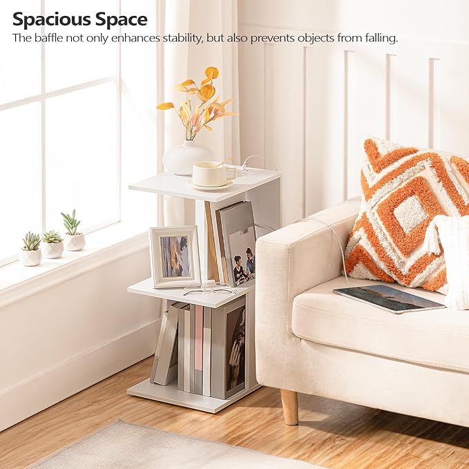MAHANCRIS End Table with Charging Station, C-Shaped Narrow Side Table with LED Light, White Nightstand with Storage, Narrow Bedside Table for Small Spaces, End Tables Living Room, Bedroom, ETWT18E01Z
