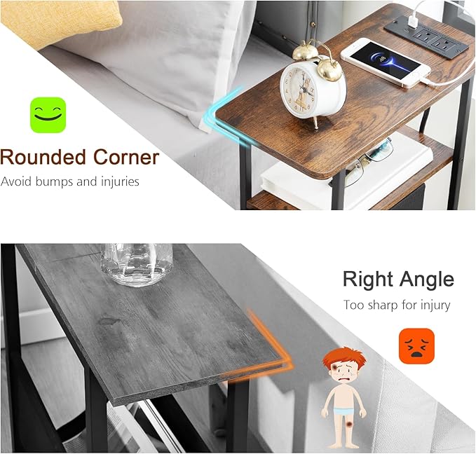 LOAKEKEL Narrow Nightstand with Charging Station, End Tables Living Room Set of 2, Skinny Side Table with Fabric Drawers, Slim Sofa Table for Bedroom, Small Spaces, Couch, Brown, HETNDP02BR