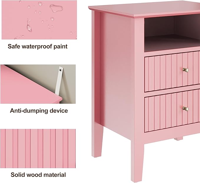 RoyalCraft Pink Fluted Nightstand Set of 2, Colorful Nightstand with 2 Drawers, Modern Wooden End Table with Storage for Small Spaces, Side Table for Bedroom, Couch, Home Office