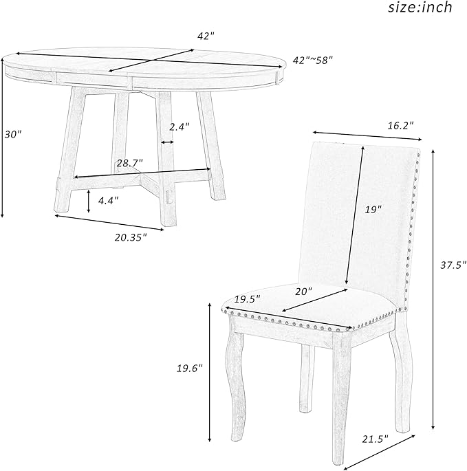 Harper & Bright Designs 5-Piece Farmhouse Dining Table Set Wood Round Extendable Dining Table and 4 Upholstered Dining Chairs (Natural Wood Wash)